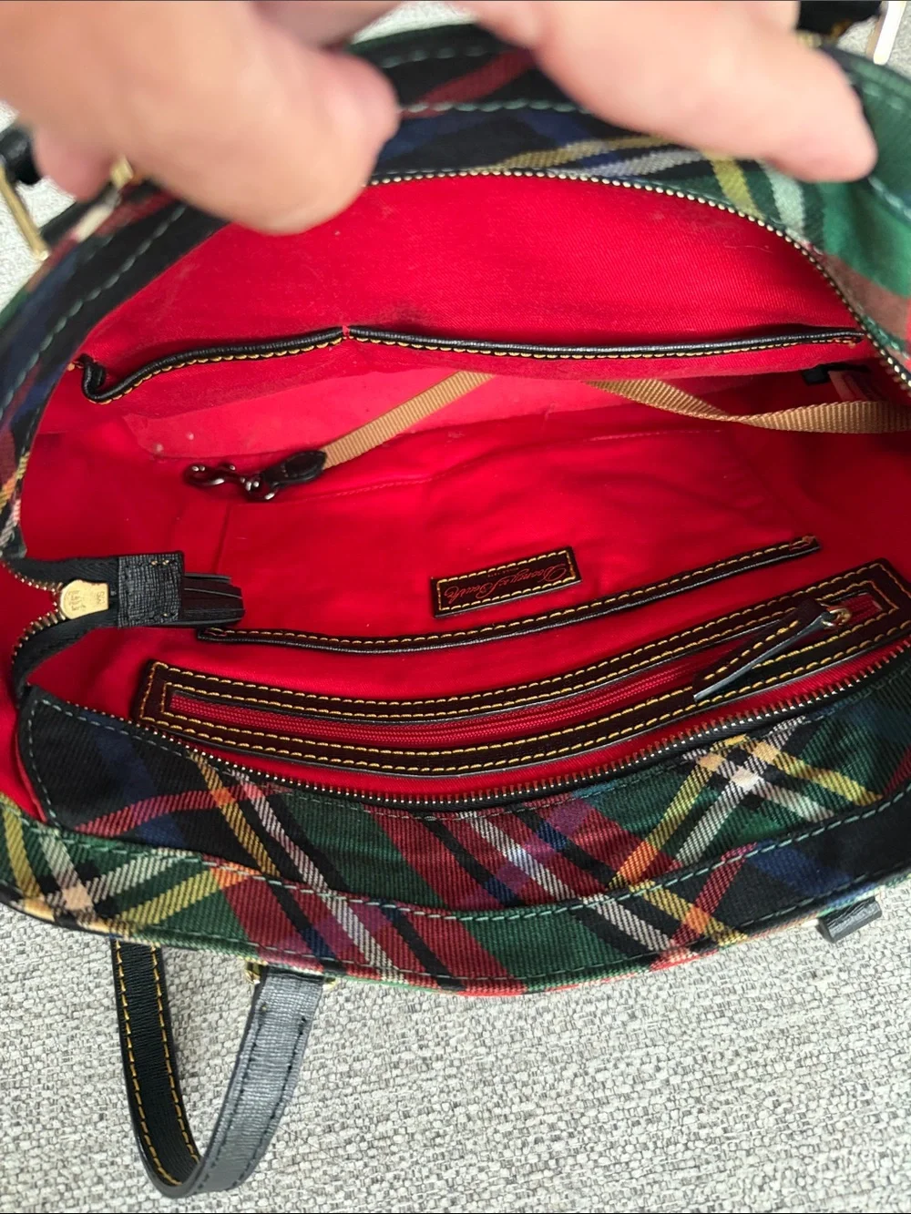 Dooney & Bourke Tartan Plaid Tote Multicolor Black Leather Trim